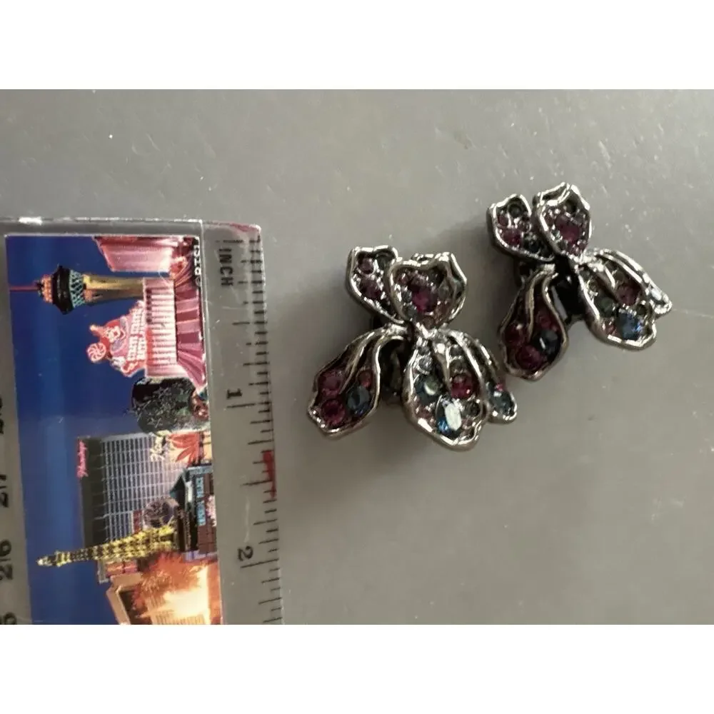 Large Signed Kenneth Jane Lane Blue & Purple Iris Flower Clip Earrings Vintage - Picture 4 of 14
